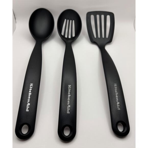 KitchenAid Black 3-Piece Utensil Set Slotted Turner Solid Spoon Slotted Spoon. - Picture 1 of 5